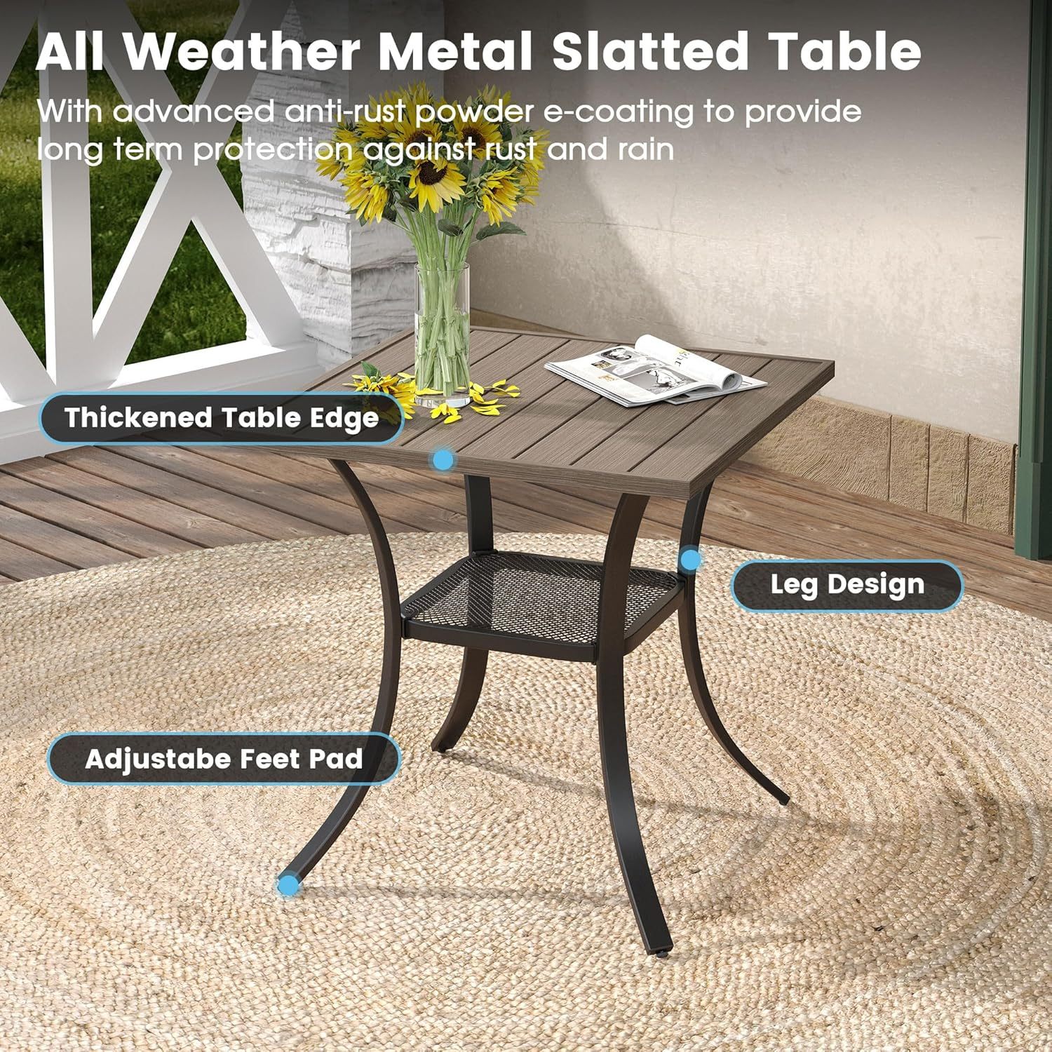 27.6" Square Patio Dining Table, Grey Wood-Like Small Outdoor Bistro Table