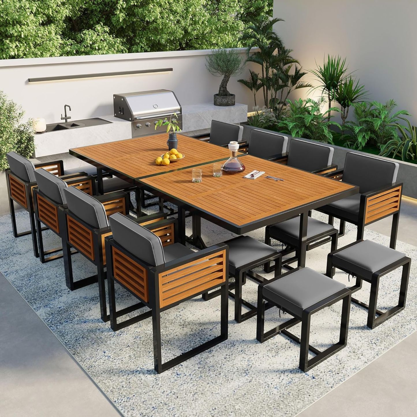 18 Pieces Outdoor Dining Set for 16 People, Acacia Wood Patio Furniture Sets with 2 Square Tables