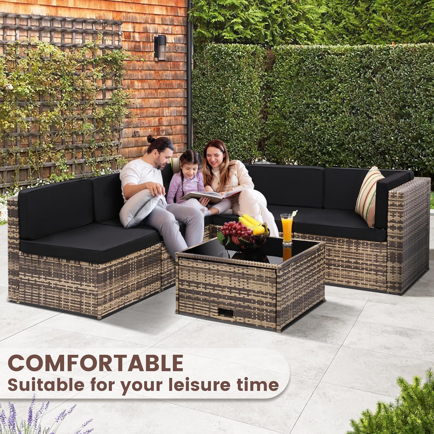 8 Pieces Outdoor Wicker Rattan Patio Furniture Sectional Set, Glass Top Table with Hidden Storage