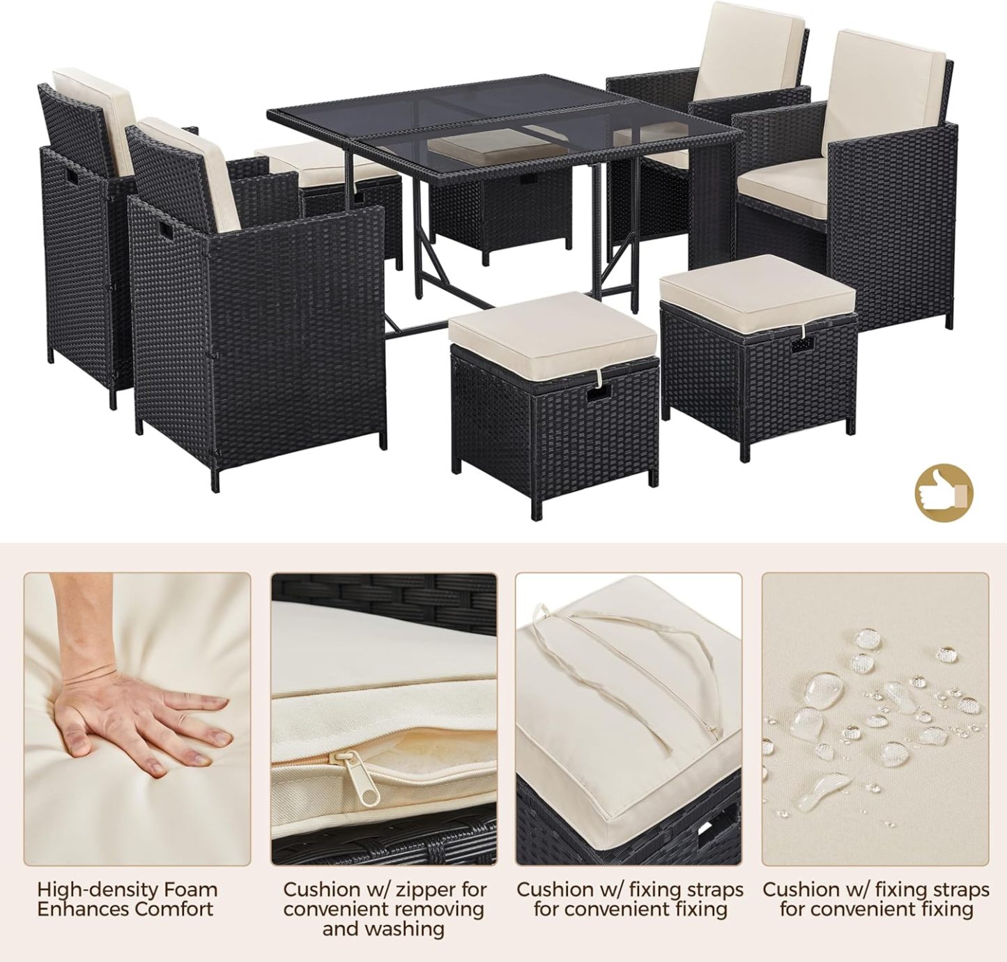 9-Piece Patio Dining Sets, Outdoor Space Saving Rattan Chairs with Glass Table