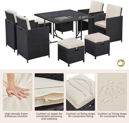 9-Piece Patio Dining Sets, Outdoor Space Saving Rattan Chairs with Glass Table