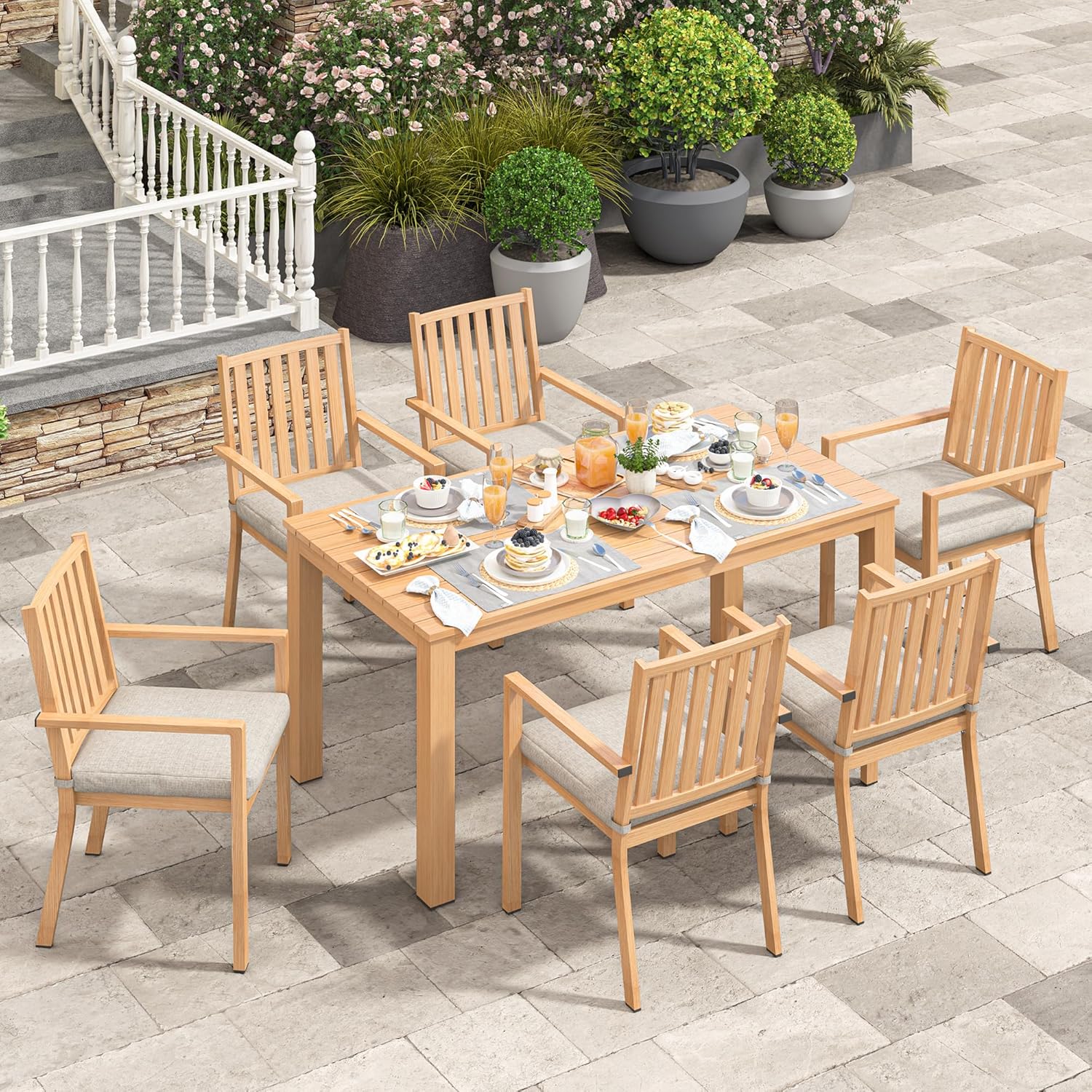 Aluminum 7 Pieces Patio Dining Sets Brown