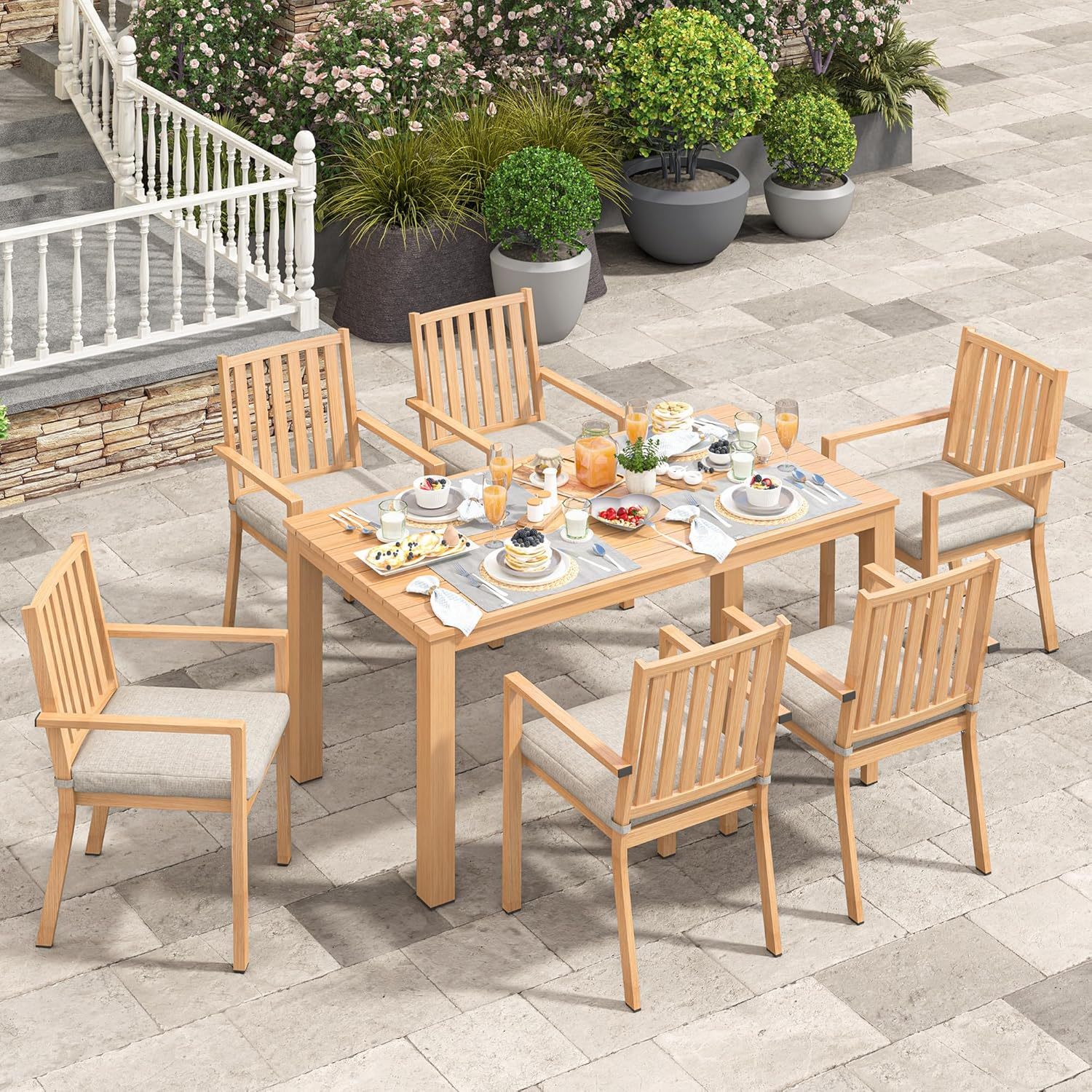 Aluminum 7 Pieces Patio Dining Sets Brown