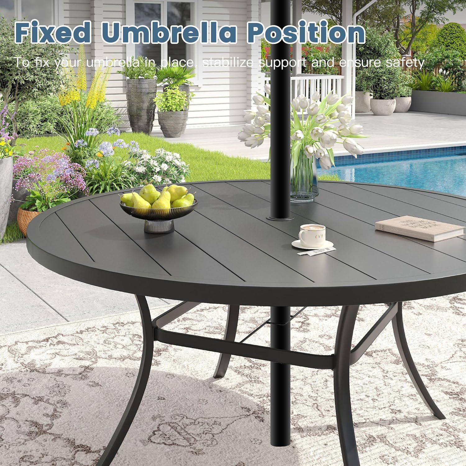50" Round Outdoor Patio Dining Table for 6, Metal Patio Table with 1.57" Adjustable Umbrella Hole