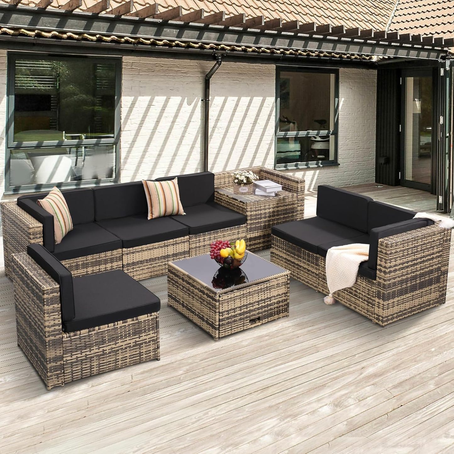 8 Pieces Outdoor Wicker Rattan Patio Furniture Sectional Set, Glass Top Table with Hidden Storage