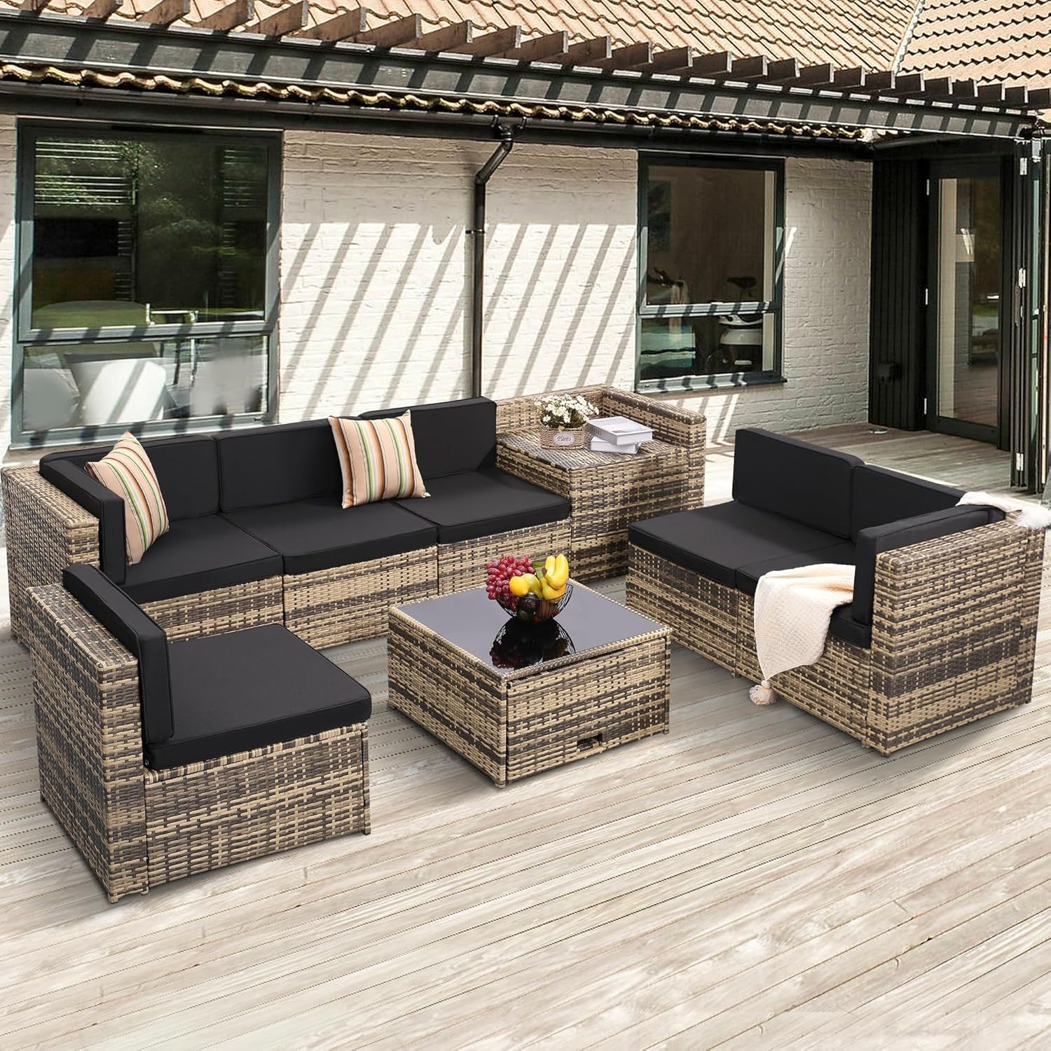 8 Pieces Outdoor Wicker Rattan Patio Furniture Sectional Set, Glass Top Table with Hidden Storage