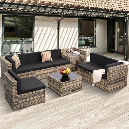 8 Pieces Outdoor Wicker Rattan Patio Furniture Sectional Set, Glass Top Table with Hidden Storage
