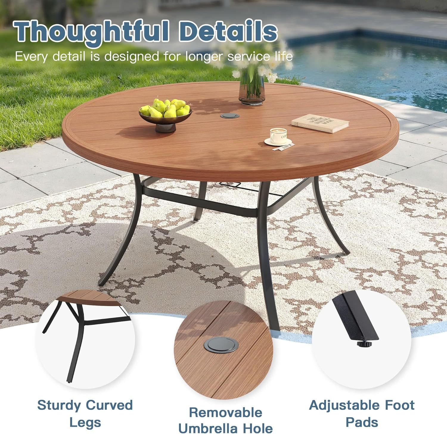 60" Round Outdoor Patio Dining Table for 8-10, Metal Patio Table with 1.57" Adjustable Umbrella Hole