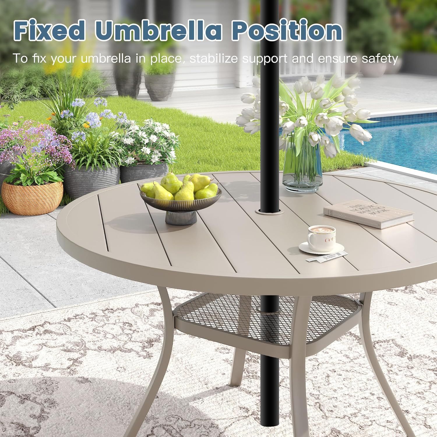 48" Round Patio Dining Table for 6, Outdoor Metal Dining Table with 1.57" Umbrella Hole
