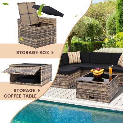 8 Pieces Outdoor Wicker Rattan Patio Furniture Sectional Set, Glass Top Table with Hidden Storage