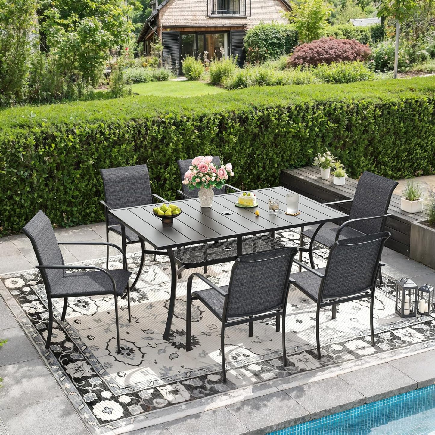 7 Pieces Patio Dining Set for 6, Patio Furniture Includes Grey Stackable Sling Outdoor Chairs and 59.2" Rectangle Metal Black Table