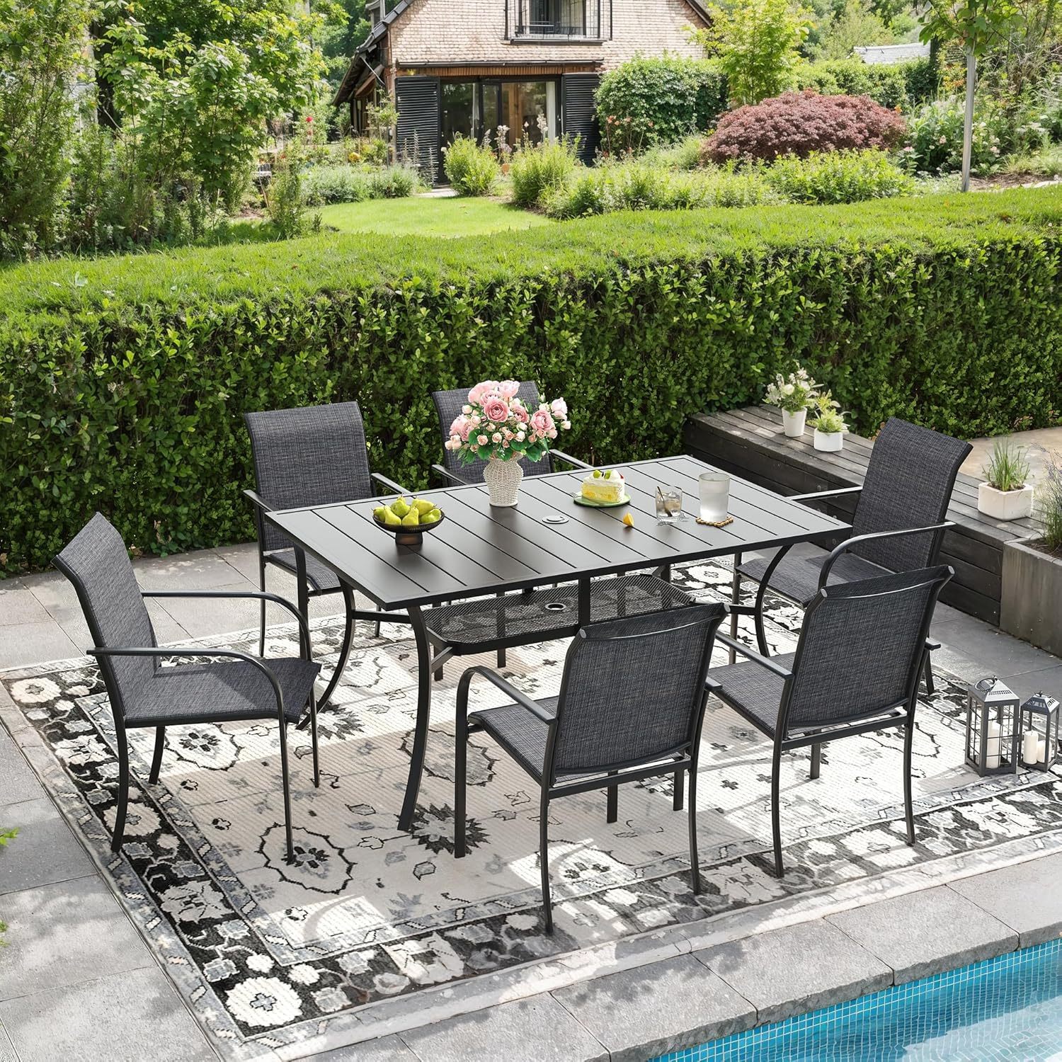 7 Pieces Patio Dining Set for 6, Patio Furniture Includes Grey Stackable Sling Outdoor Chairs and 59.2" Rectangle Metal Black Table