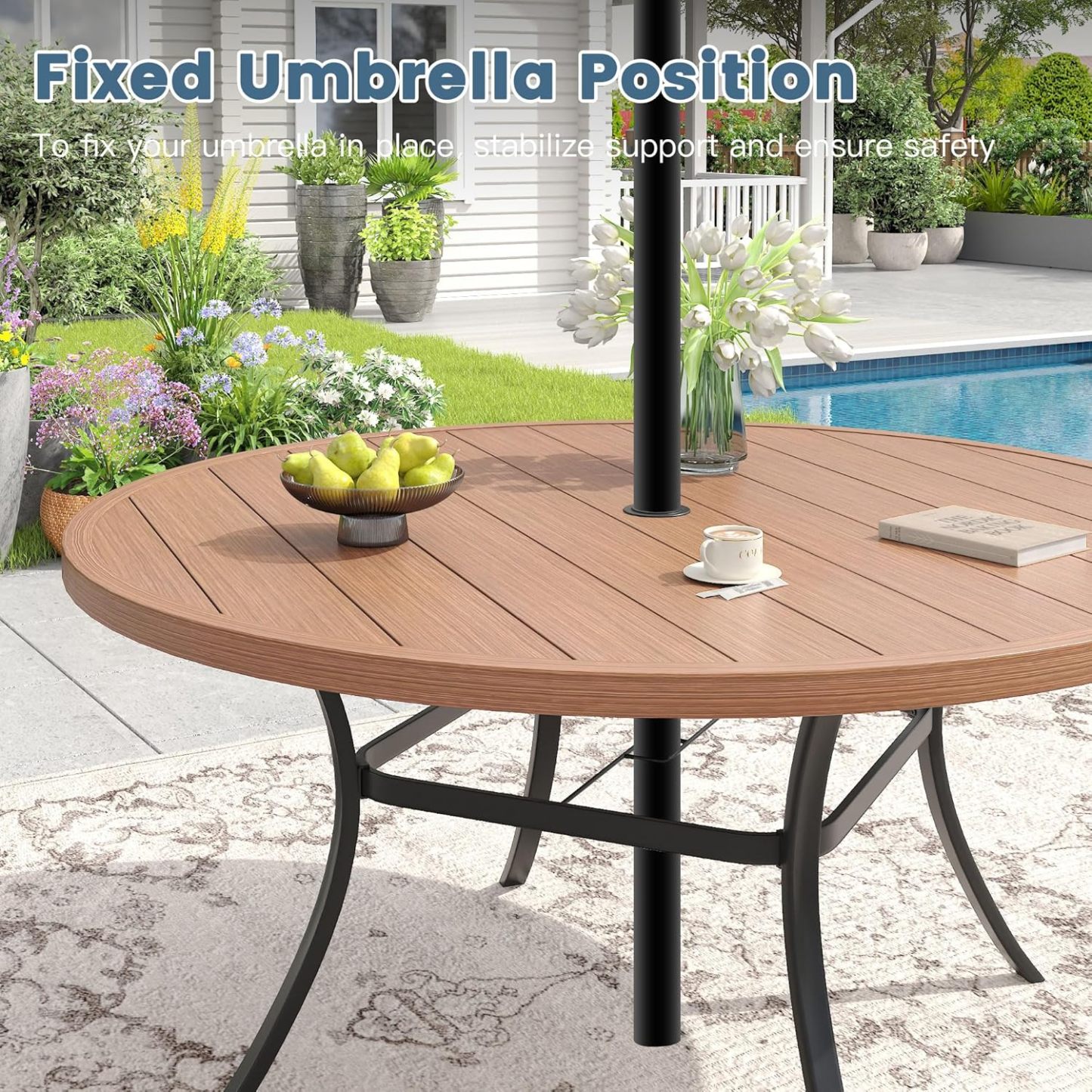 60" Round Outdoor Patio Dining Table for 8-10, Metal Patio Table with 1.57" Adjustable Umbrella Hole