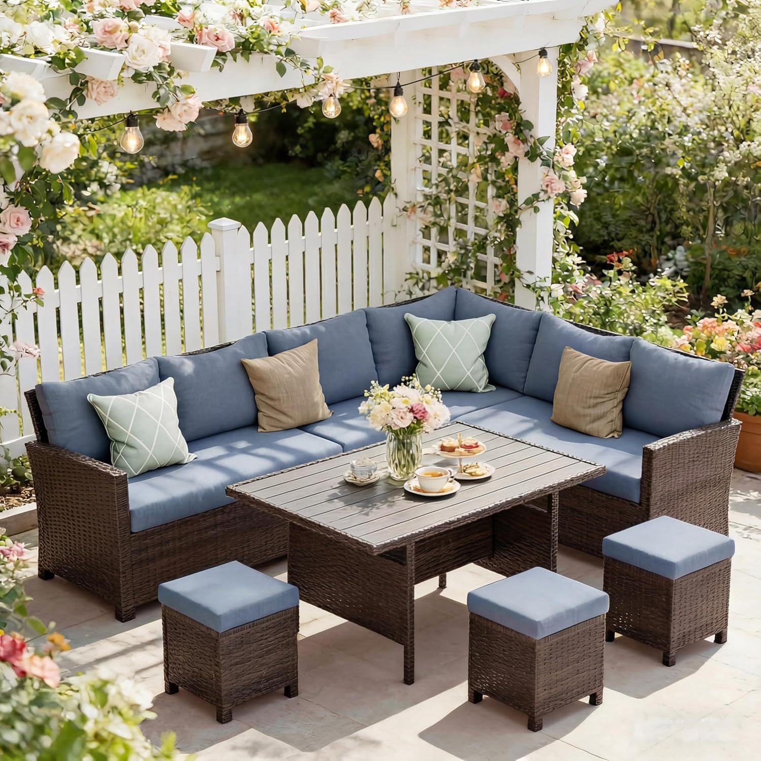 7 Piece Patio Furniture Set, High Curved Back Wicker Patio Sectional, All Weather Outdoor Dining Set