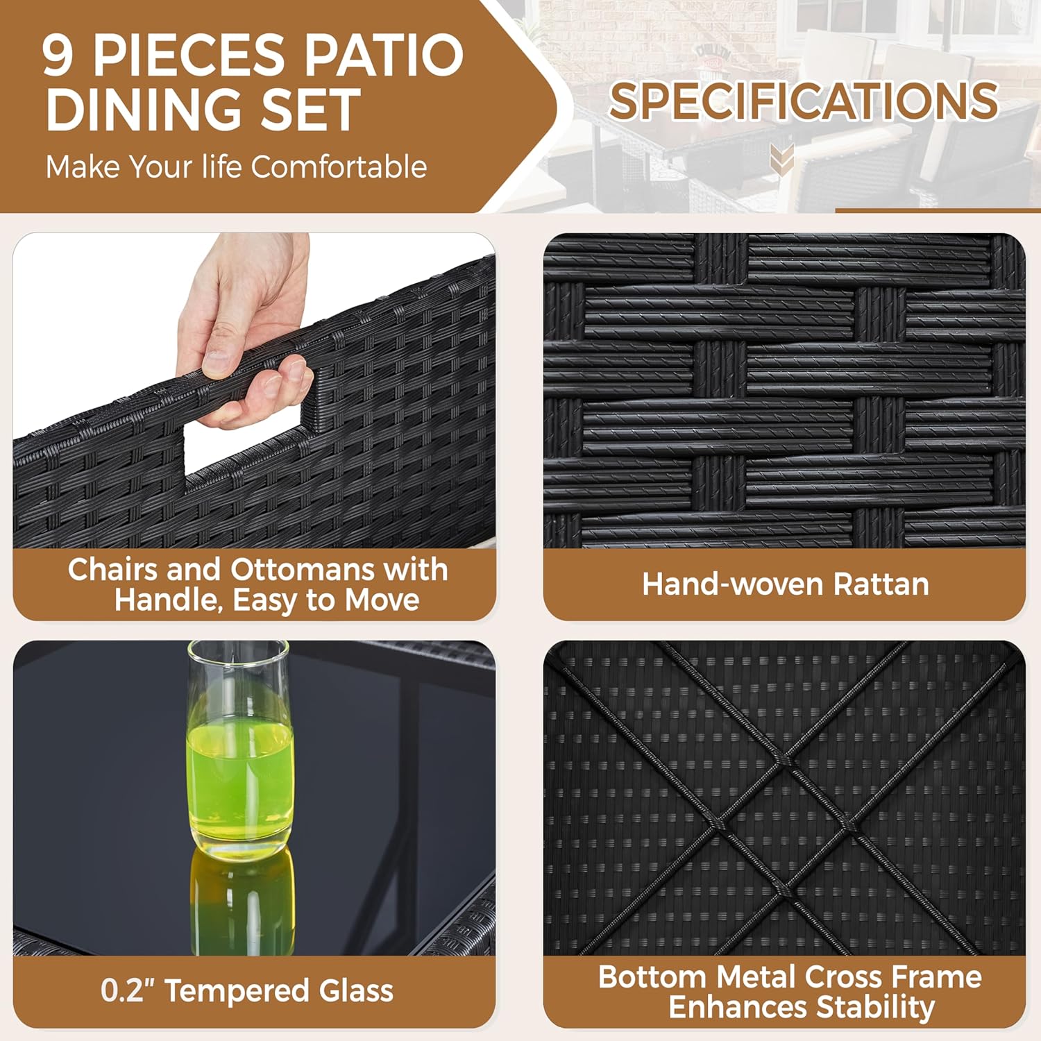 9-Piece Patio Dining Sets, Outdoor Space Saving Rattan Chairs with Glass Table