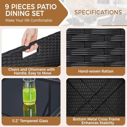 9-Piece Patio Dining Sets, Outdoor Space Saving Rattan Chairs with Glass Table