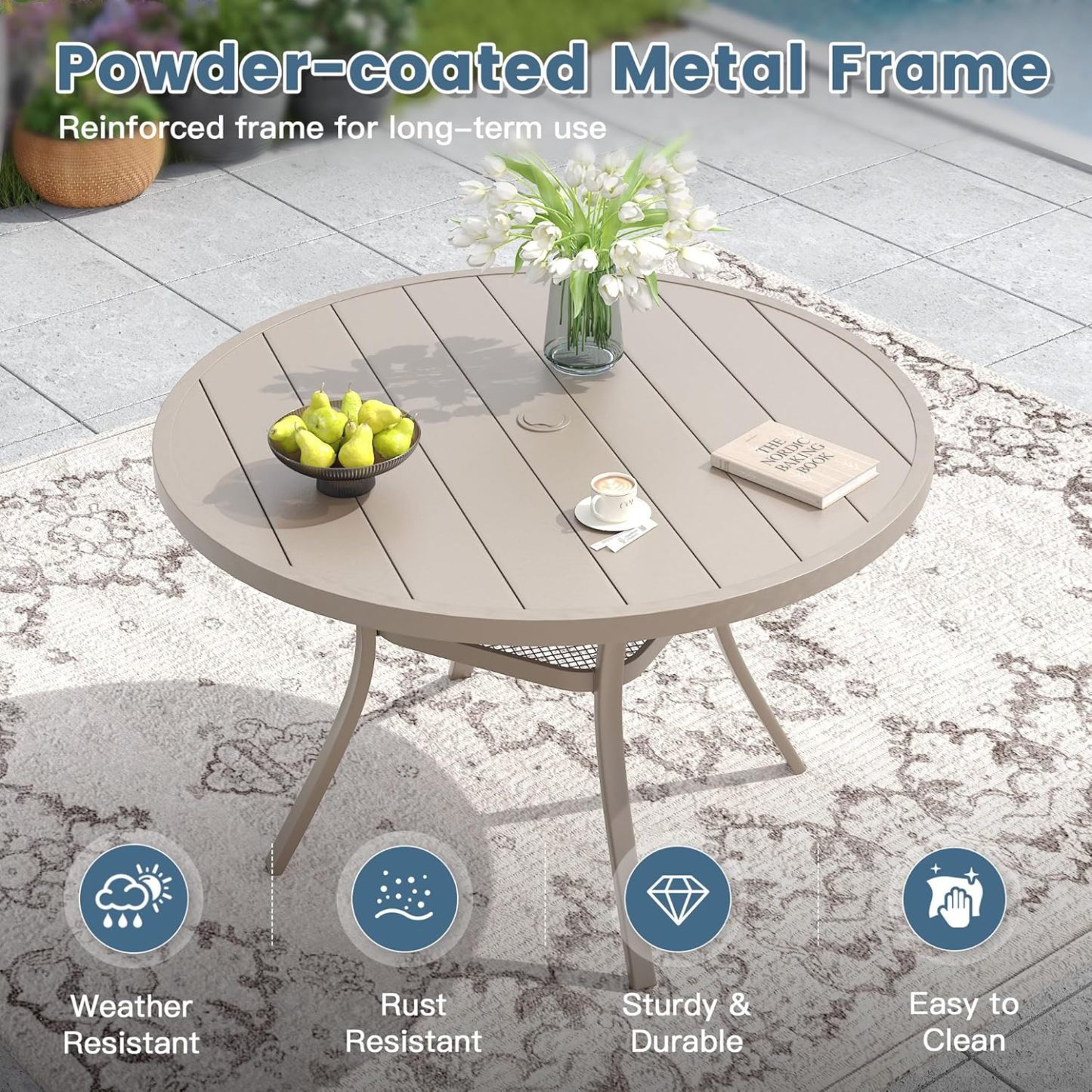 48" Round Patio Dining Table for 6, Outdoor Metal Dining Table with 1.57" Umbrella Hole
