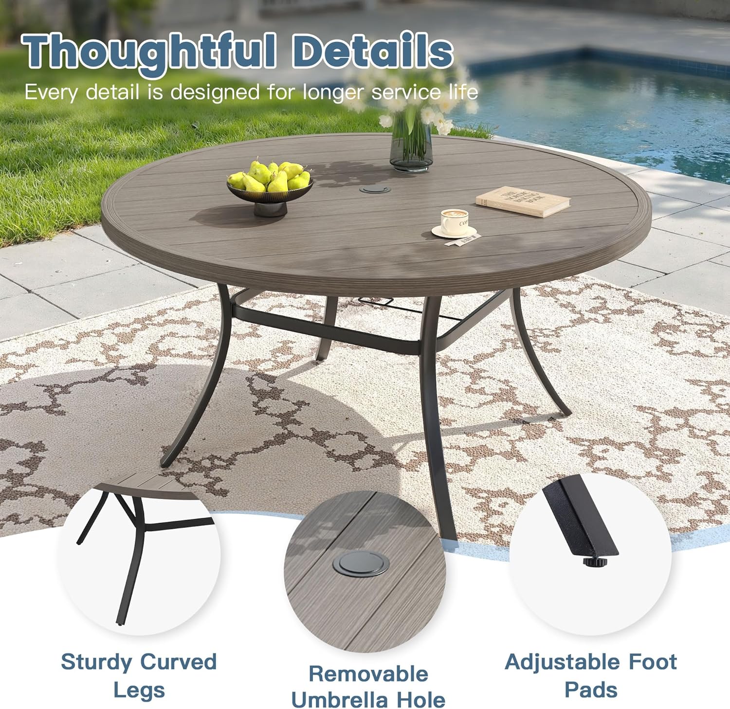 53" All Weather Round Outdoor Table with 1.57" Umbrella Hole for 8 Person