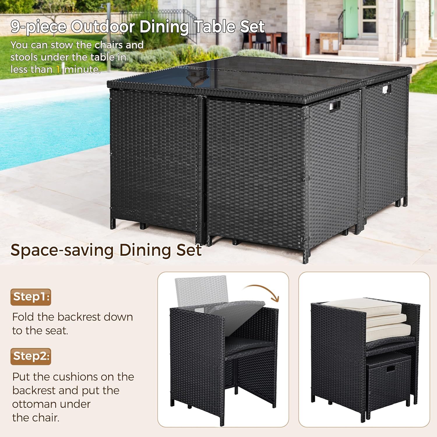 9-Piece Patio Dining Sets, Outdoor Space Saving Rattan Chairs with Glass Table