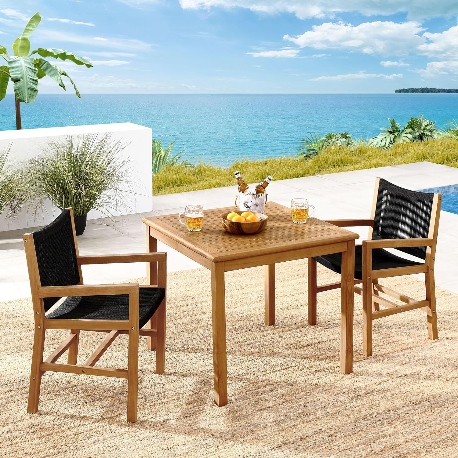 Outdoor Patio Teak Wood 3-Piece Dining Set in Natural Black