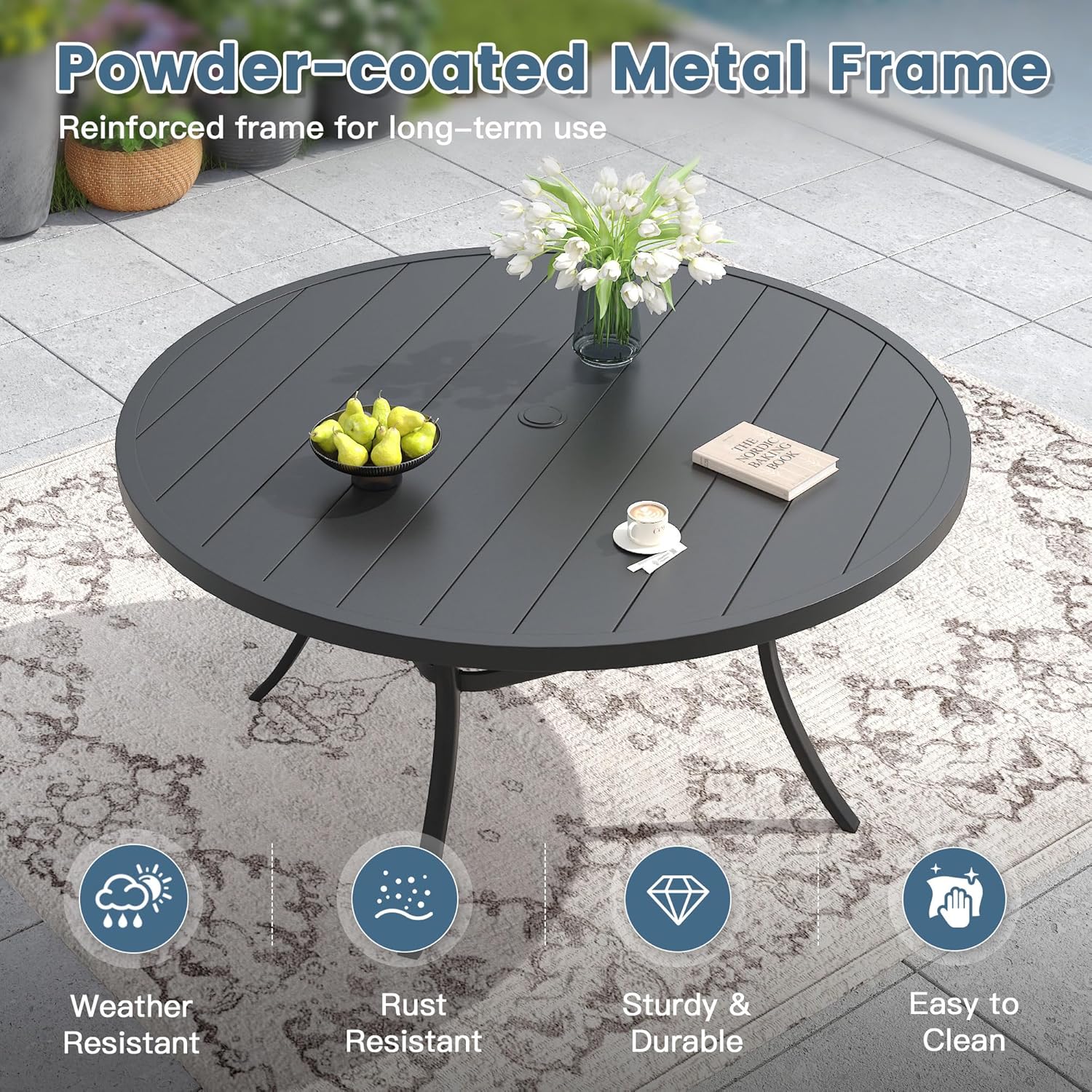 50" Round Outdoor Patio Dining Table for 6, Metal Patio Table with 1.57" Adjustable Umbrella Hole