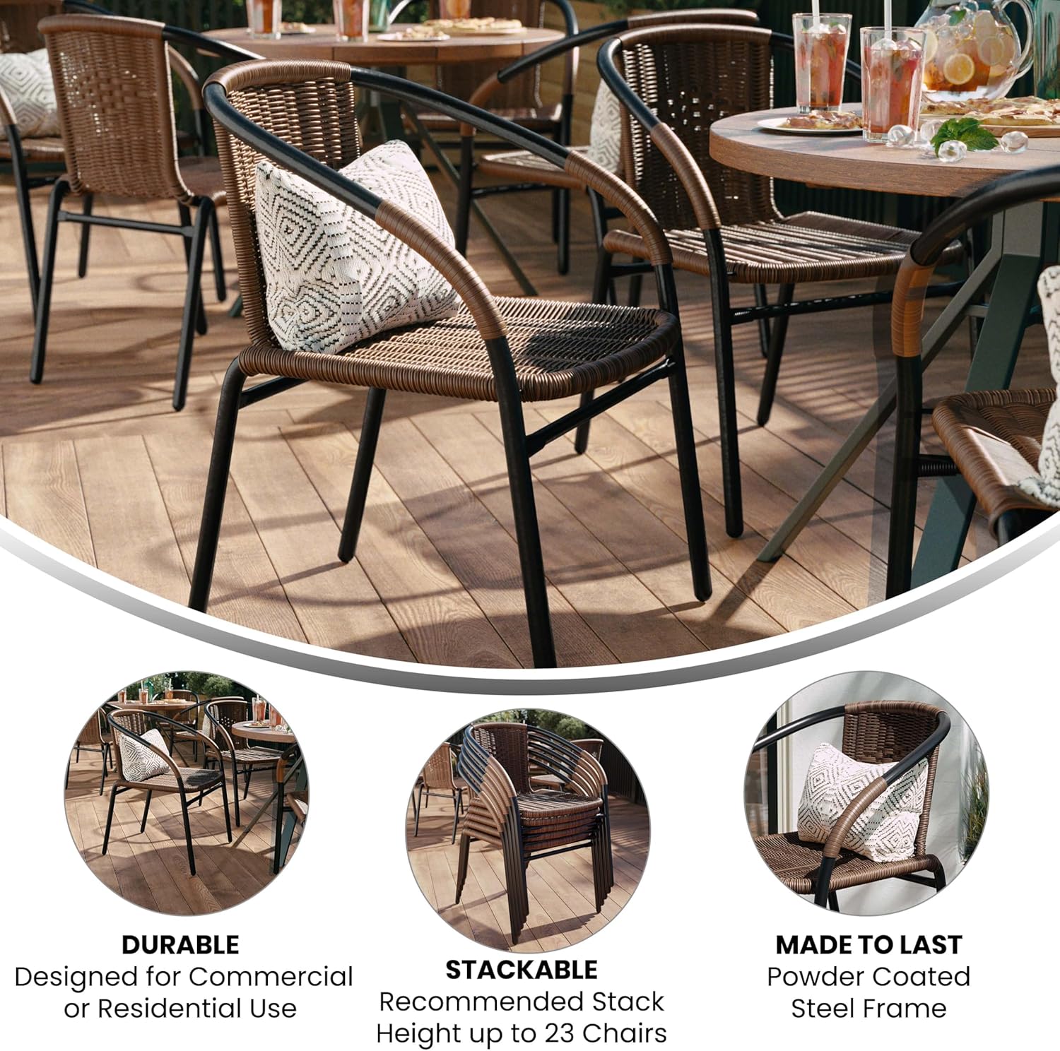 Set of 4 Commercial Grade Medium Brown Rattan Stack Chairs