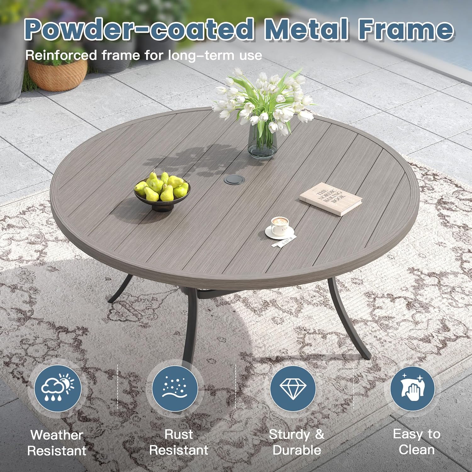 53" All Weather Round Outdoor Table with 1.57" Umbrella Hole for 8 Person