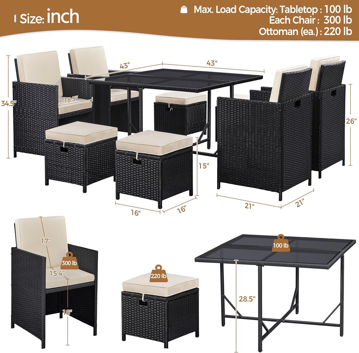9-Piece Patio Dining Sets, Outdoor Space Saving Rattan Chairs with Glass Table