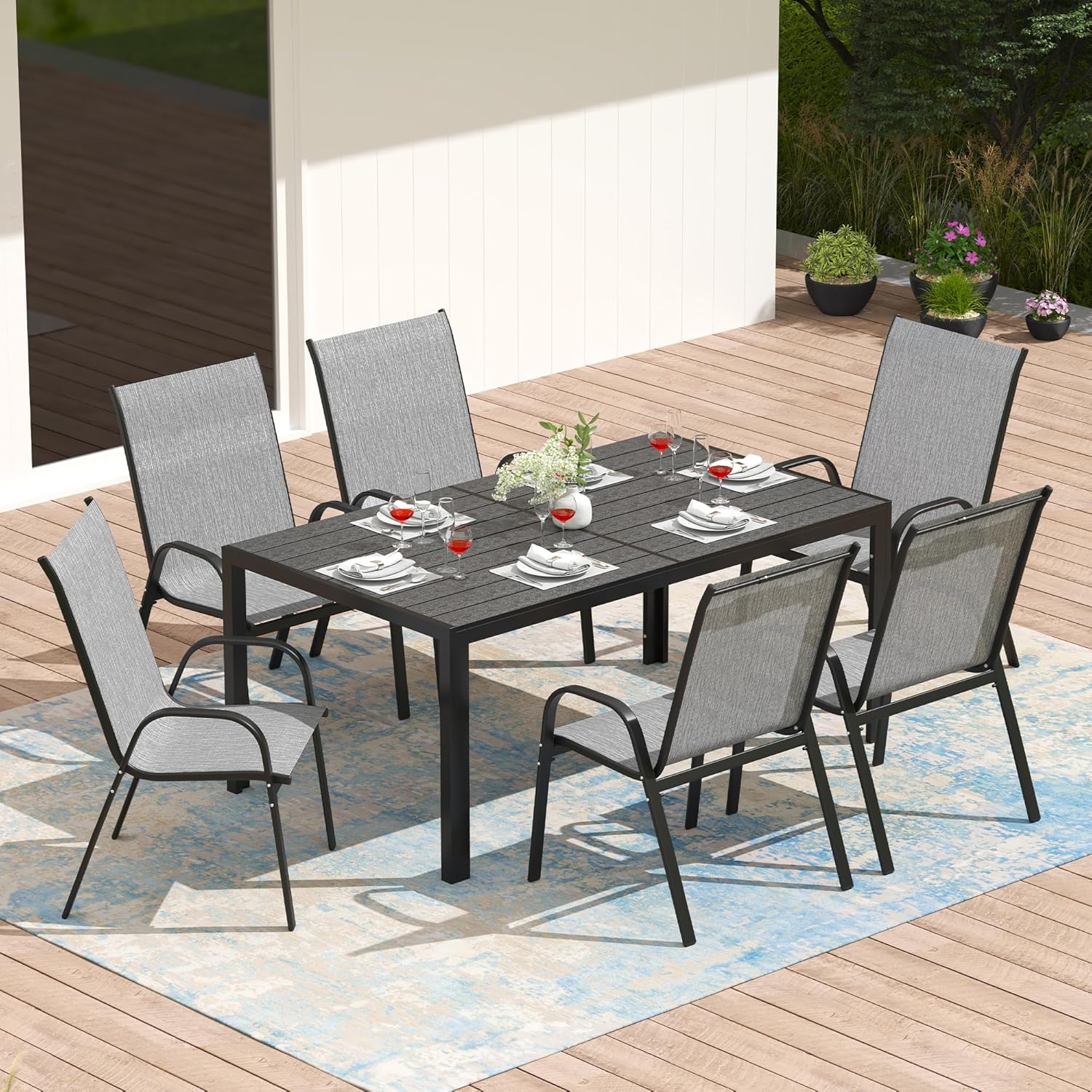 7-Piece Outdoor Patio Dining Set, 6Pcs Stackable Patio Chairs and Rectangular Dining Table