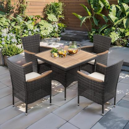 5 Piece Patio Wicker Dining Sets for 4, Water-Resistant Rattan Outdoor Dining Table and 4 Chairs