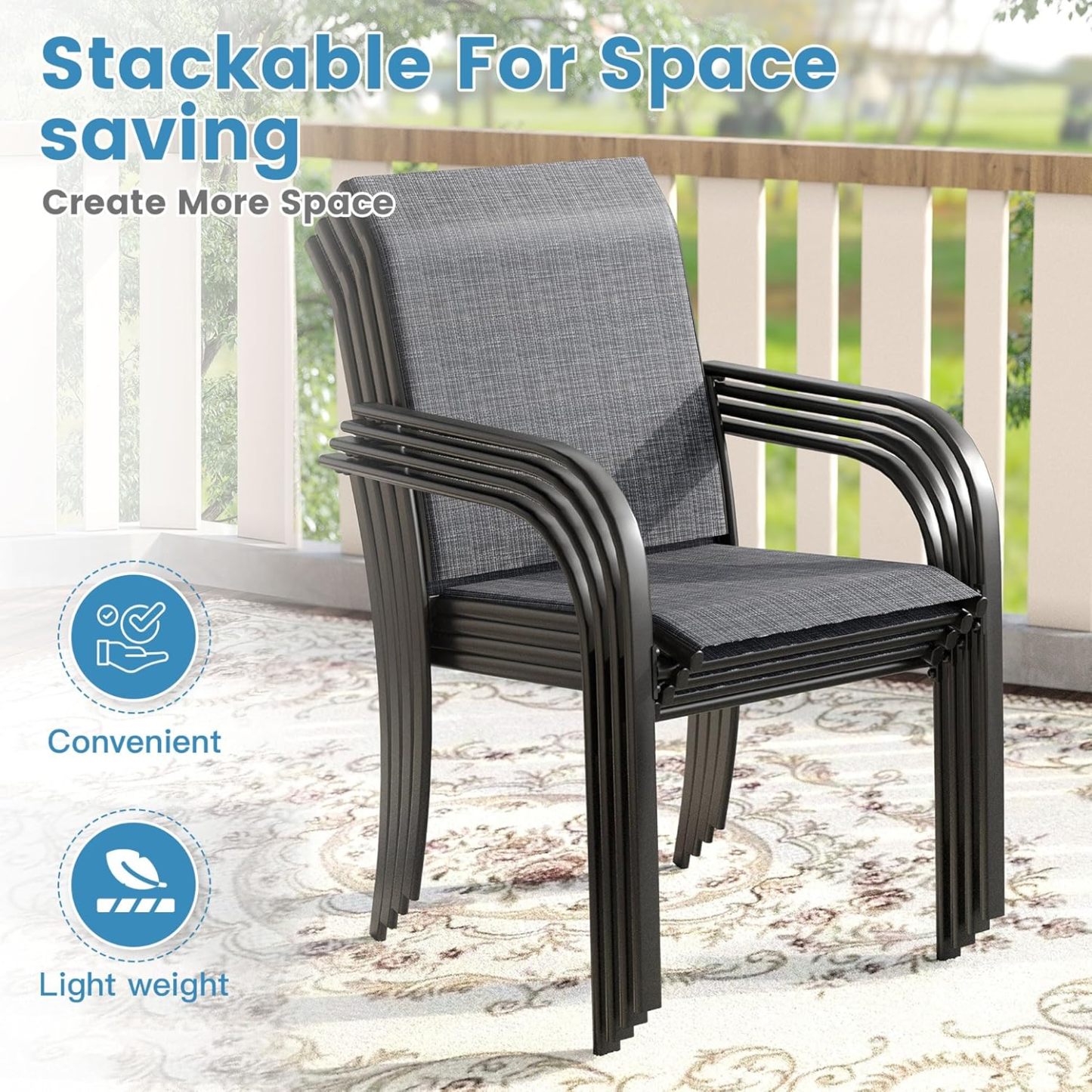 7 Pieces Patio Dining Set for 6, Patio Furniture Includes Grey Stackable Sling Outdoor Chairs and 59.2" Rectangle Metal Black Table