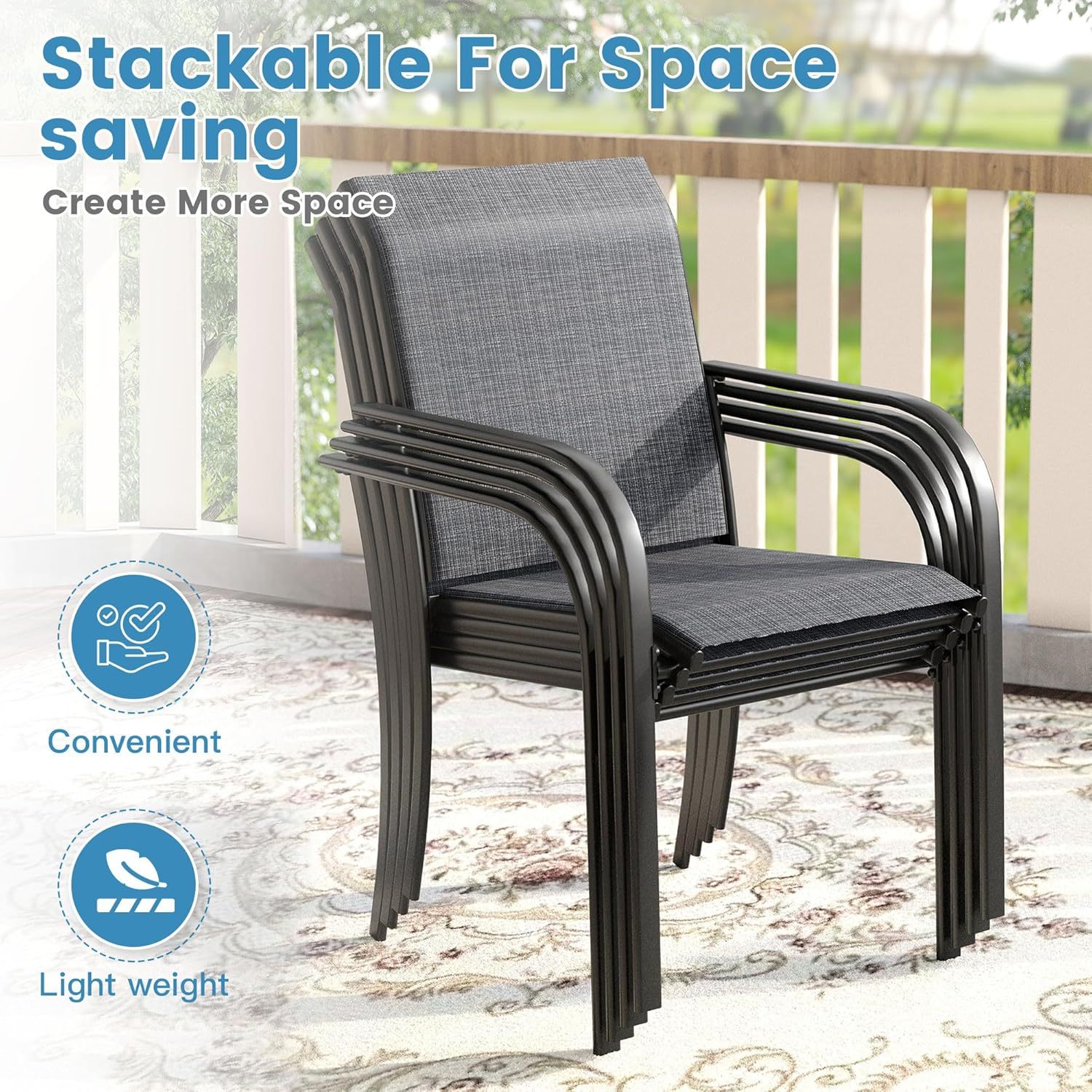 7 Pieces Patio Dining Set for 6, Patio Furniture Includes Grey Stackable Sling Outdoor Chairs and 59.2" Rectangle Metal Black Table