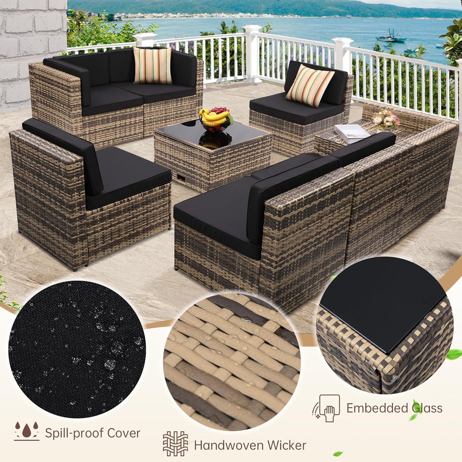 8 Pieces Outdoor Wicker Rattan Patio Furniture Sectional Set, Glass Top Table with Hidden Storage