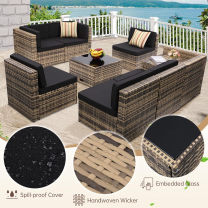 8 Pieces Outdoor Wicker Rattan Patio Furniture Sectional Set, Glass Top Table with Hidden Storage