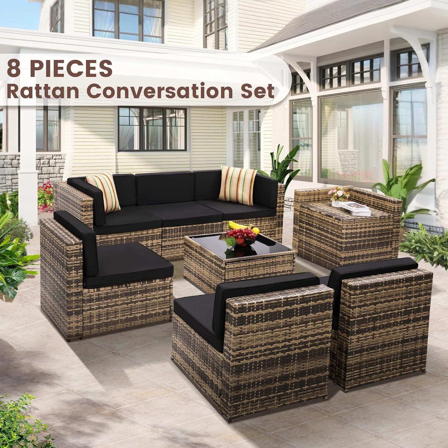 8 Pieces Outdoor Wicker Rattan Patio Furniture Sectional Set, Glass Top Table with Hidden Storage
