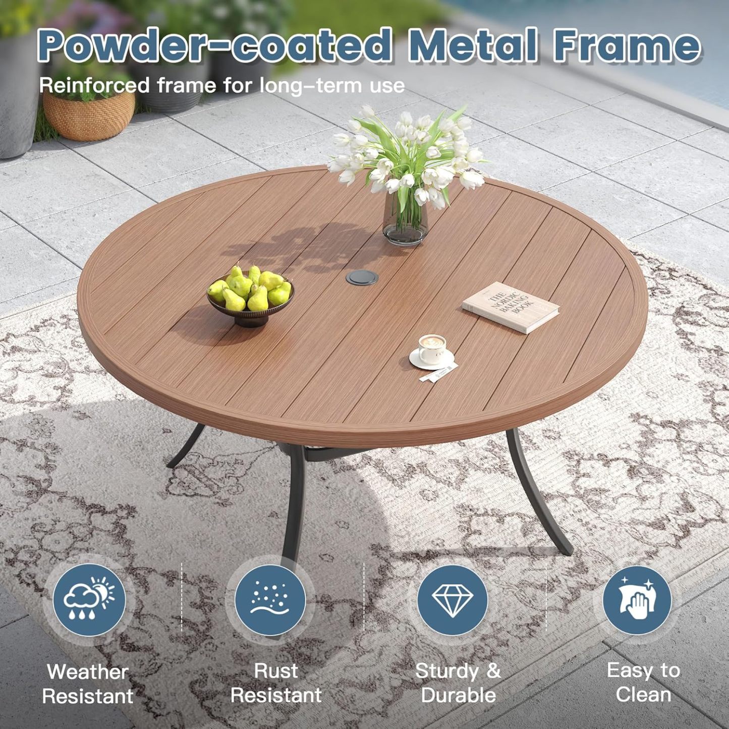 60" Round Outdoor Patio Dining Table for 8-10, Metal Patio Table with 1.57" Adjustable Umbrella Hole