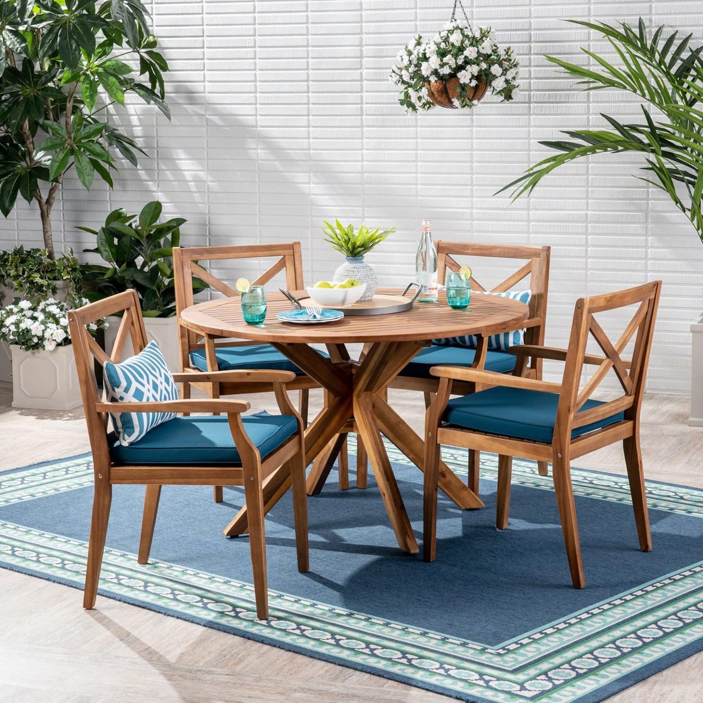 Outdoor 5 Piece Acacia Wood Dining Set Blue