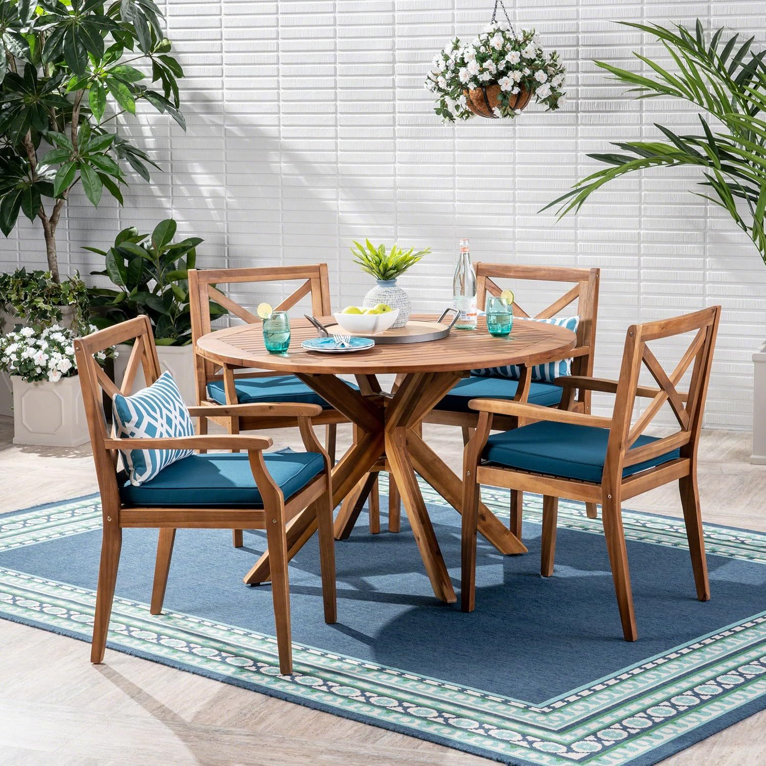 Outdoor 5 Piece Acacia Wood Dining Set Blue