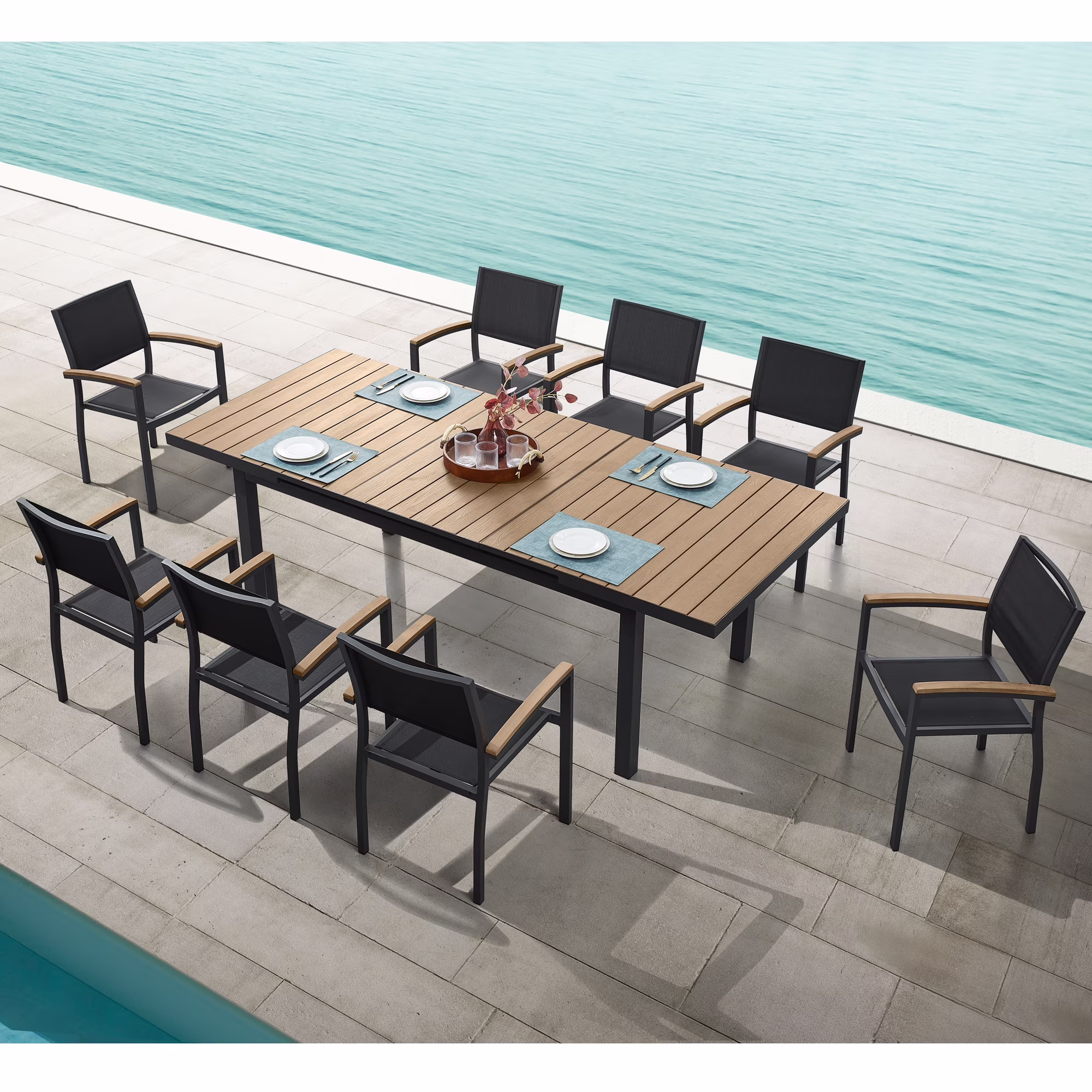 9 Pieces Patio Extendable Dining Table Set, Outdoor Furniture Set for 8 Person