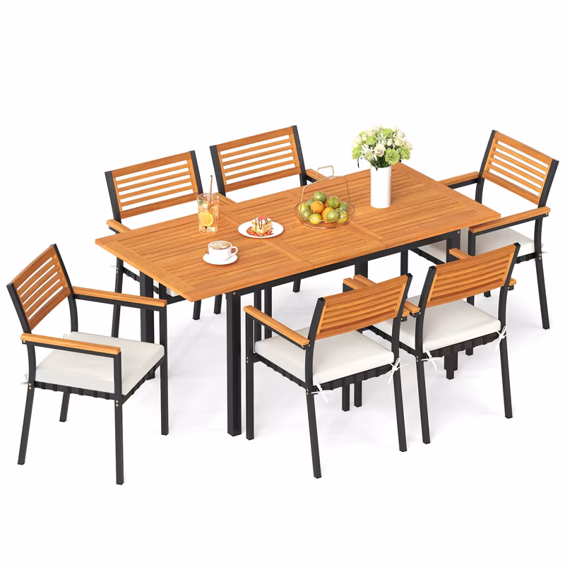7-Piece Patio Dining Set with 51"-64" Expandable Rectangular Acacia Wood Table