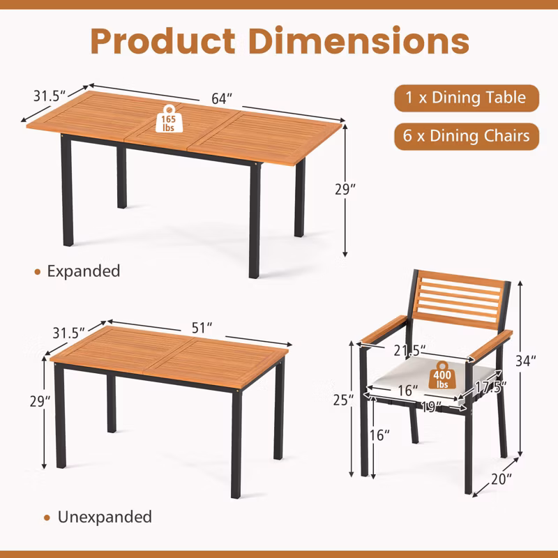 7-Piece Patio Dining Set with 51"-64" Expandable Rectangular Acacia Wood Table