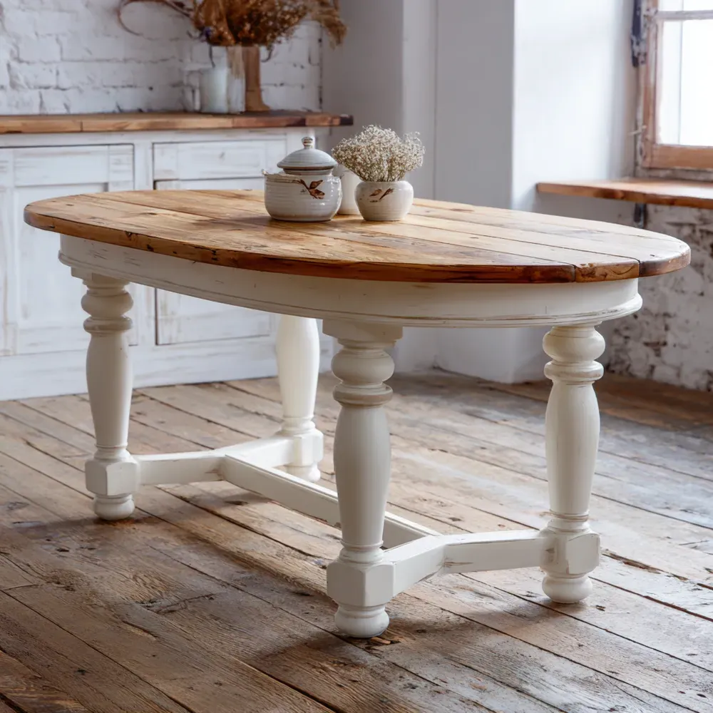 Table à manger en bois massif 150x90x75 cm - Blanc/Bois Naturel - Style Rustique-Purefinishio