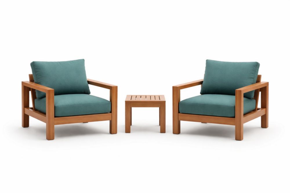 Set de 2 Fauteuils en Bois avec Coussins en Polyester et Table d'Appoint-Purefinishio