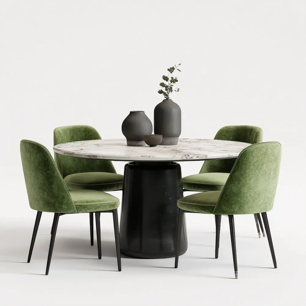 Ensemble table ronde en marbre 120x120x75 cm Noir et Blanc avec chaises velours Vert - Design moderne-Purefinishio