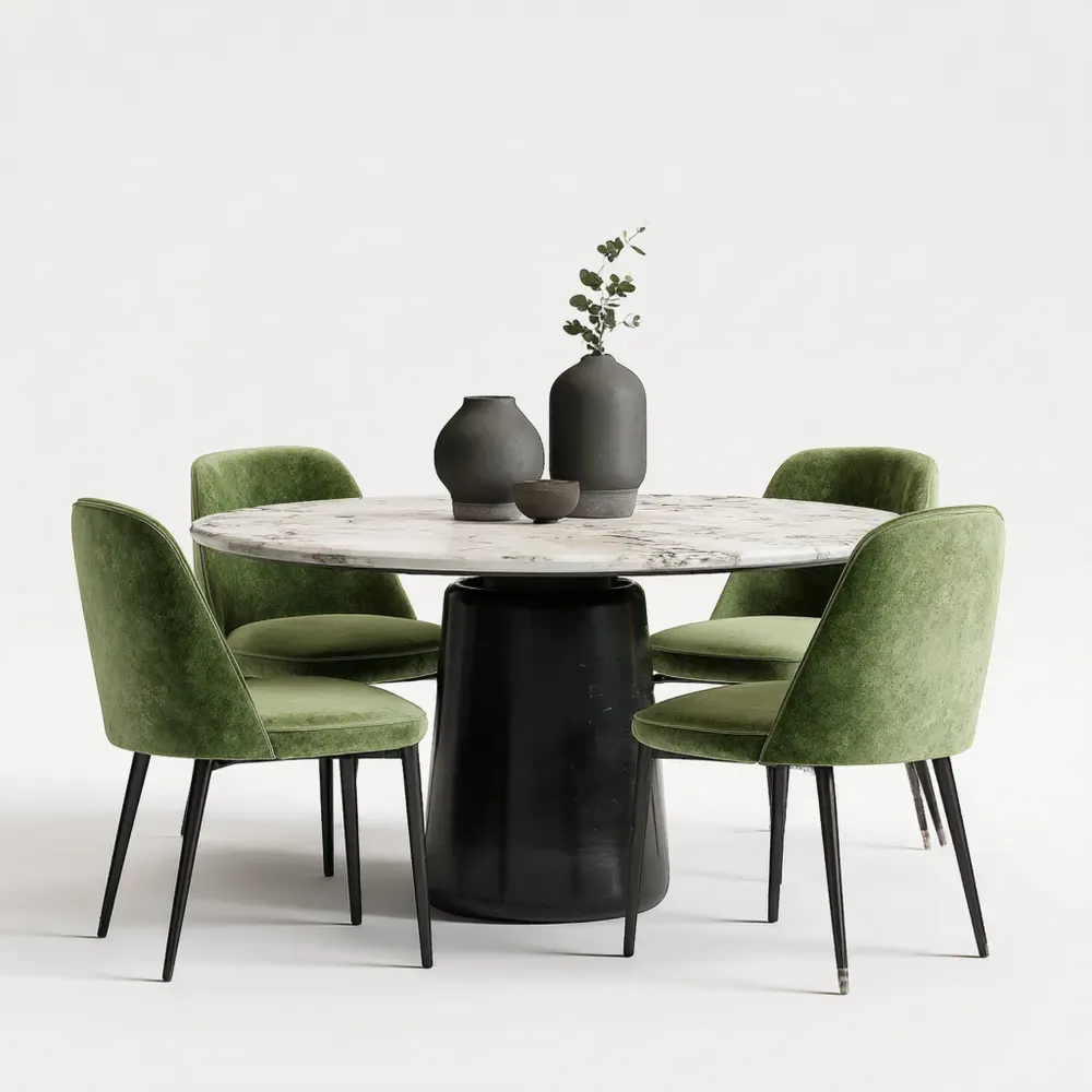 Ensemble table ronde en marbre 120x120x75 cm Noir et Blanc avec chaises velours Vert - Design moderne-Purefinishio