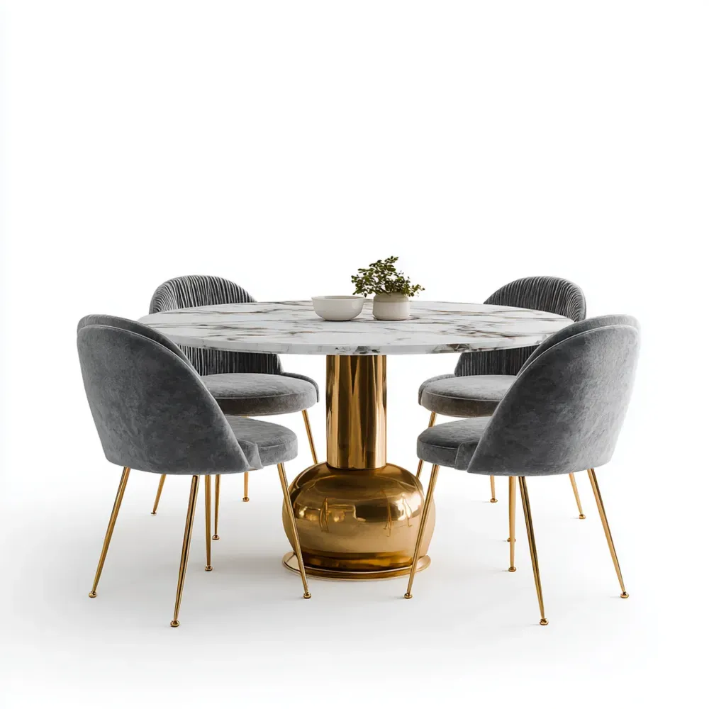 Ensemble table ronde en marbre 120 cm x 120 cm x 75 cm avec chaises en velours – Gris et Or – Design contemporain-Purefinishio