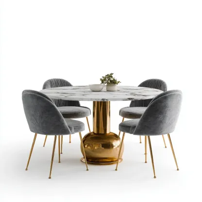 Ensemble table ronde en marbre 120 cm x 120 cm x 75 cm avec chaises en velours – Gris et Or – Design contemporain-Purefinishio