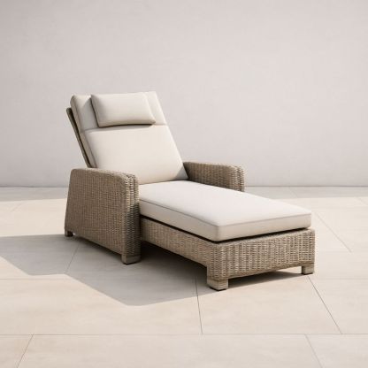 Chaise Longue Réglable Extérieur Rotin et Tissu Beige-Purefinishio