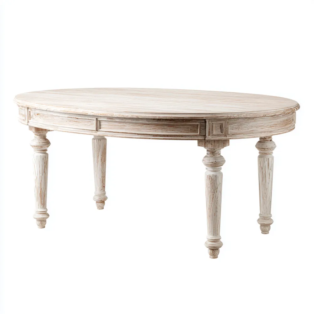 Table à manger ovale en bois vieilli 150x90x76 cm – Blanc Antique – Style classique-Gentledwell