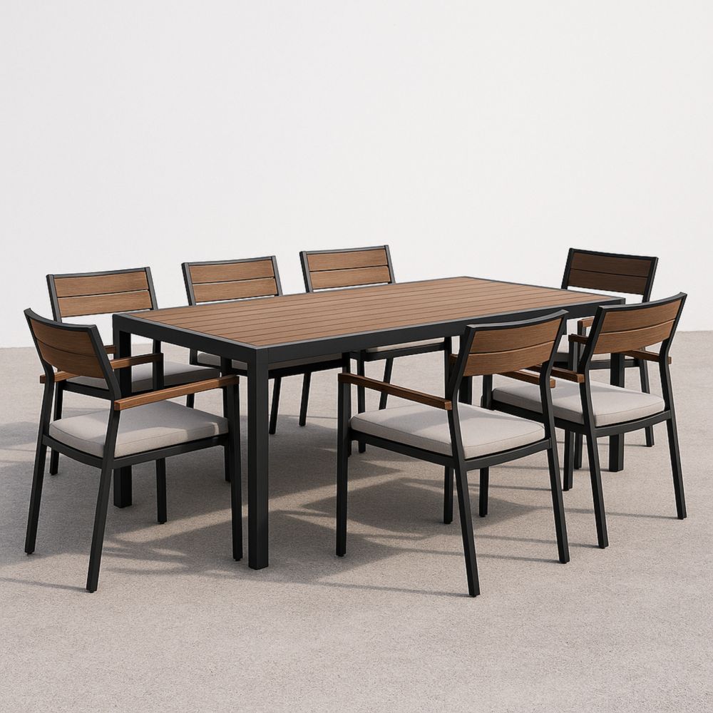 Ensemble Table à Manger Extérieur Aluminium/Bois 200x90 cm avec 7 Chaises Coussin Gris-Gentledwell